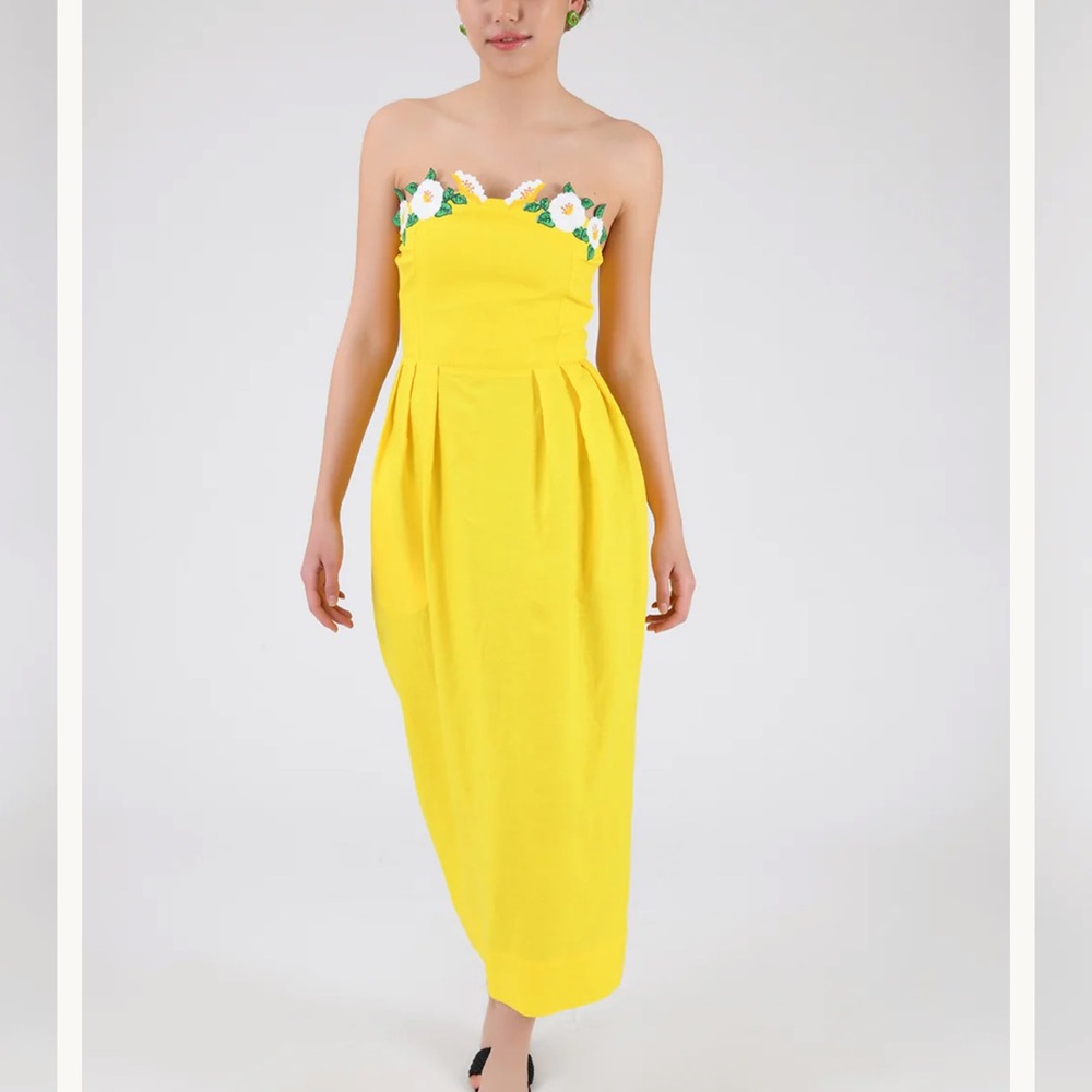 Fanm Mon Lorr Strapless Yellow Dress with Floral Trim size xxs NWT